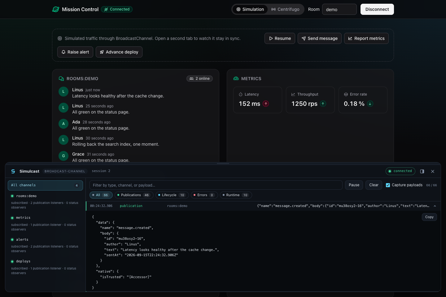 Simulcast devtools showing an active connection, shared channel listener counts, and the publication timeline.